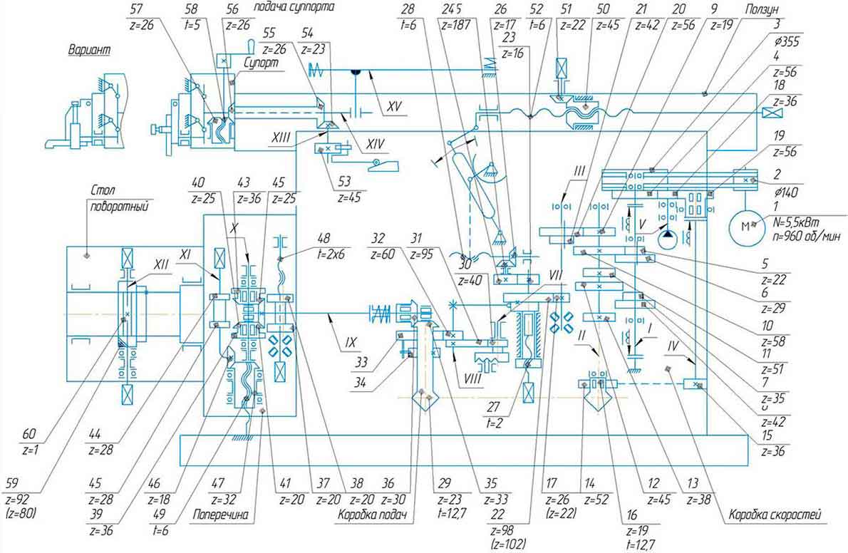 Кинематическая схема станка поперечно-строгального 7305ГТ