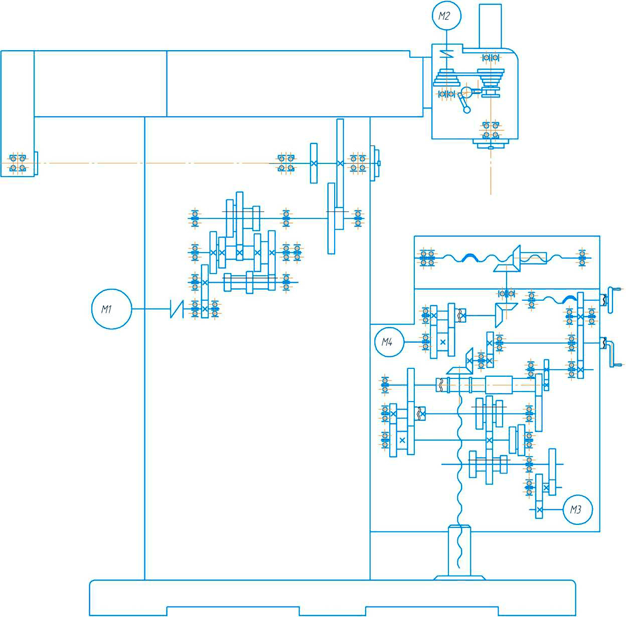 кинематическая схема широкоуниверсального  фрезерного станка ФУ-1320/360