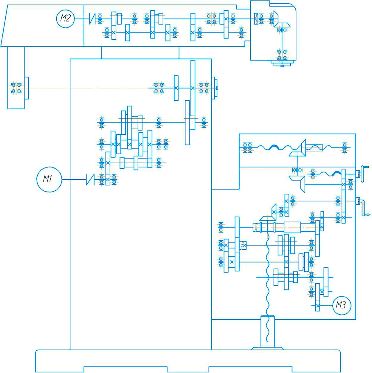 кинематическая схема широкоуниверсального  фрезерного станка ФУ-1600/360