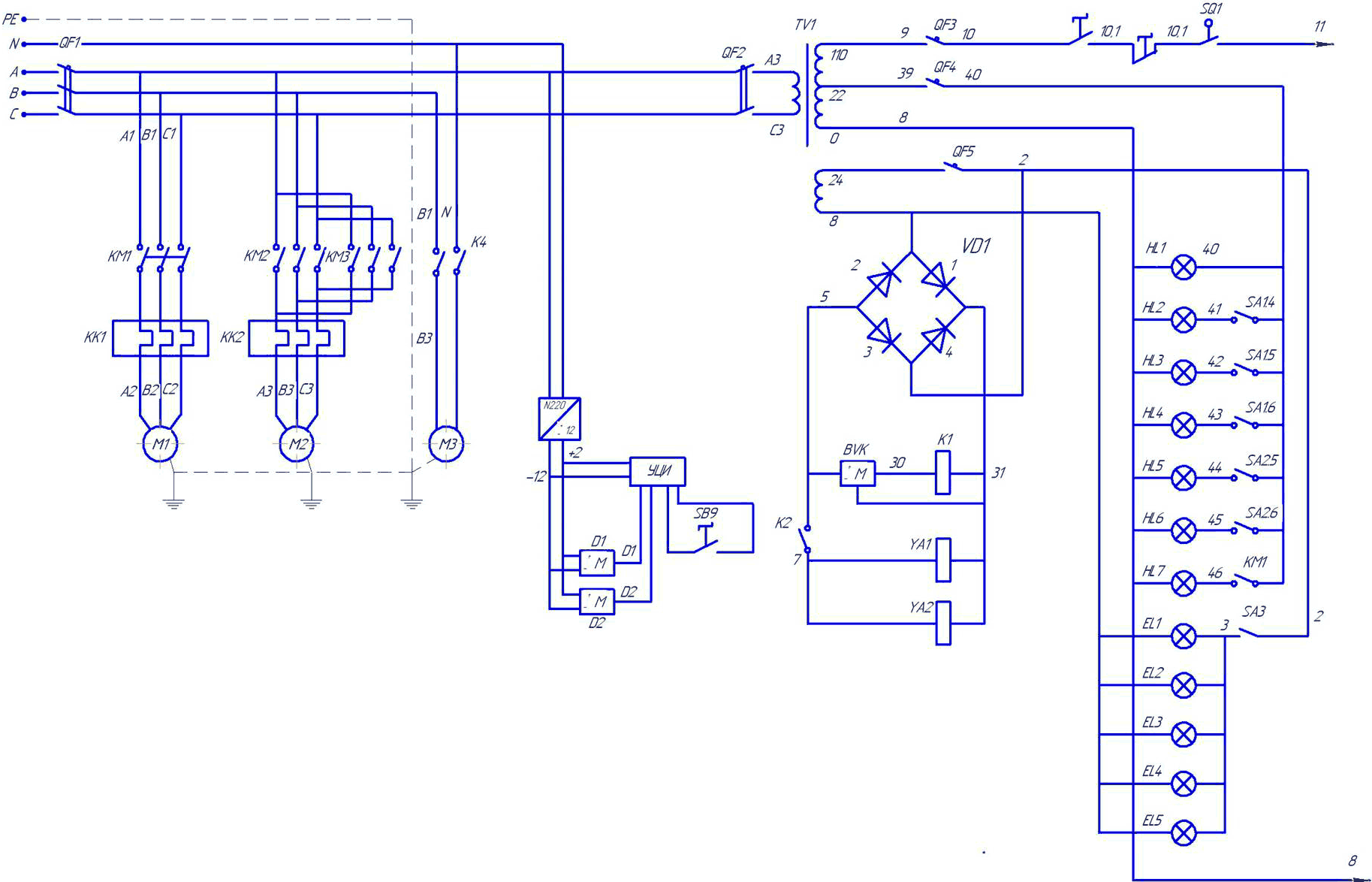Схема электрическая принципиальная кривошипных гильотинных ножниц НА3218