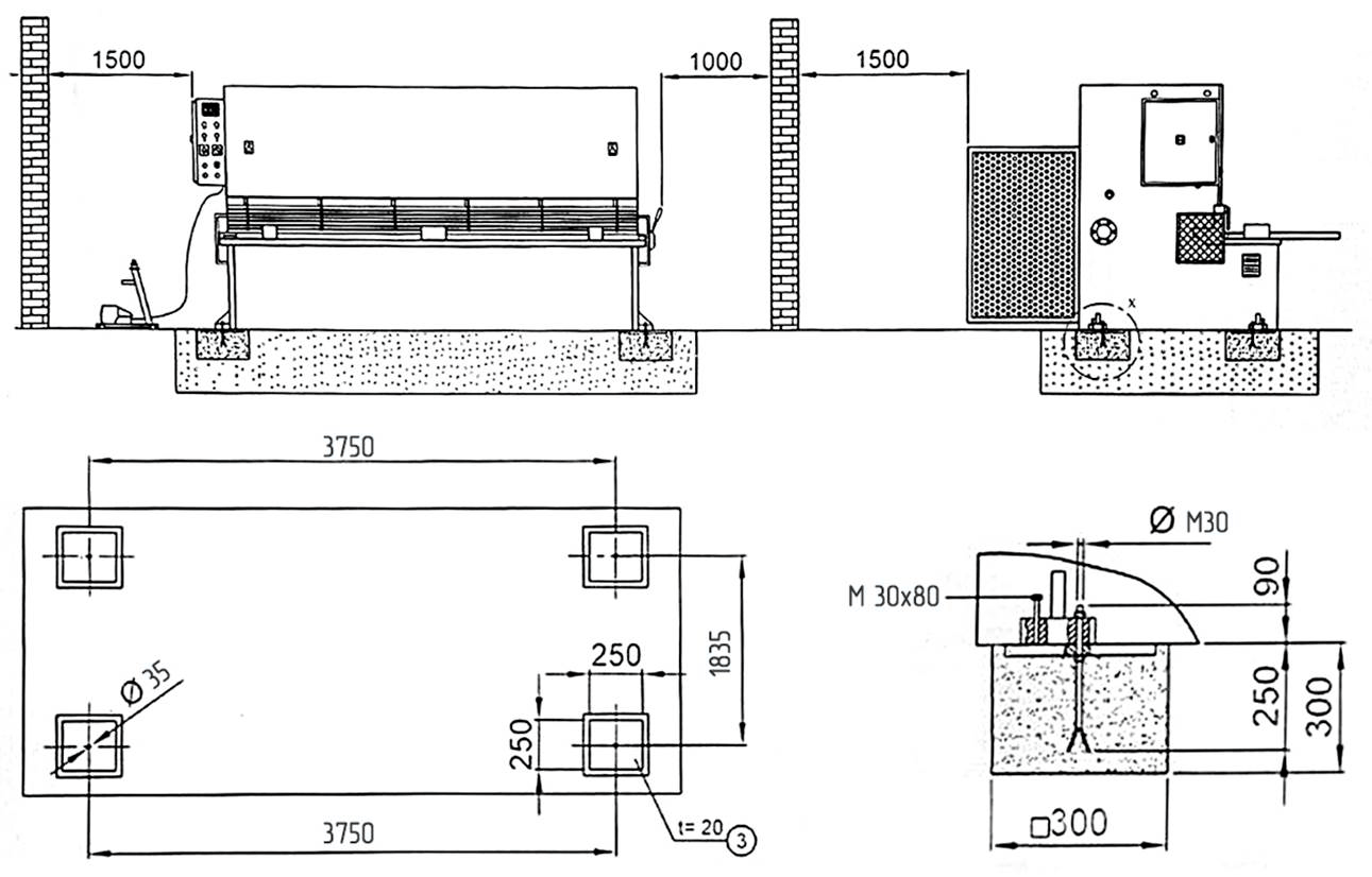 Схема установки на фундамент гильотинных гидравлических  ножниц НГ3318.25