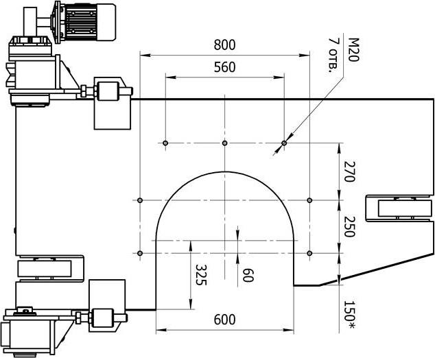 Присоединительные размеры боковой стенки траверсы гидравлического насадночного пресса ПК6730