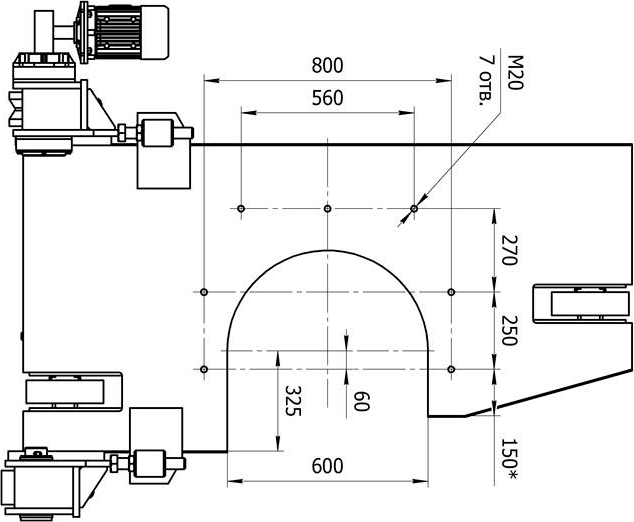 Присоединительные размеры боковой стенки траверсы гидравлического насадночного пресса ПК6732