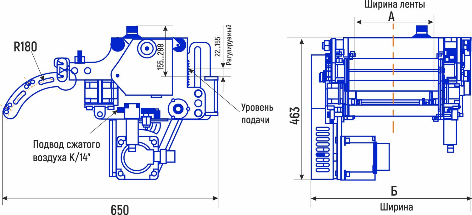 Габаритные и установочные размеры автоматической валковой подачи ВПЛ300